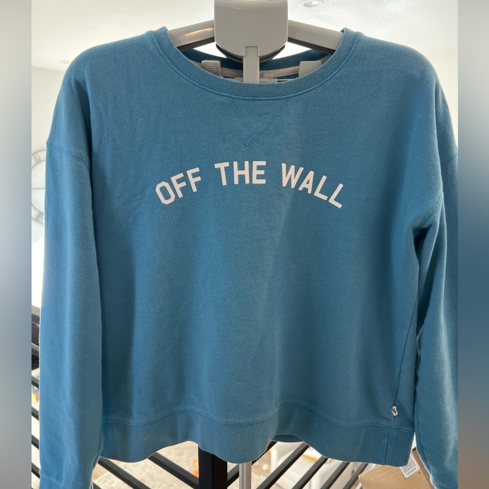 Vans Blue Sweatshirt with white lettering’Off The Wall’ women’s size Large